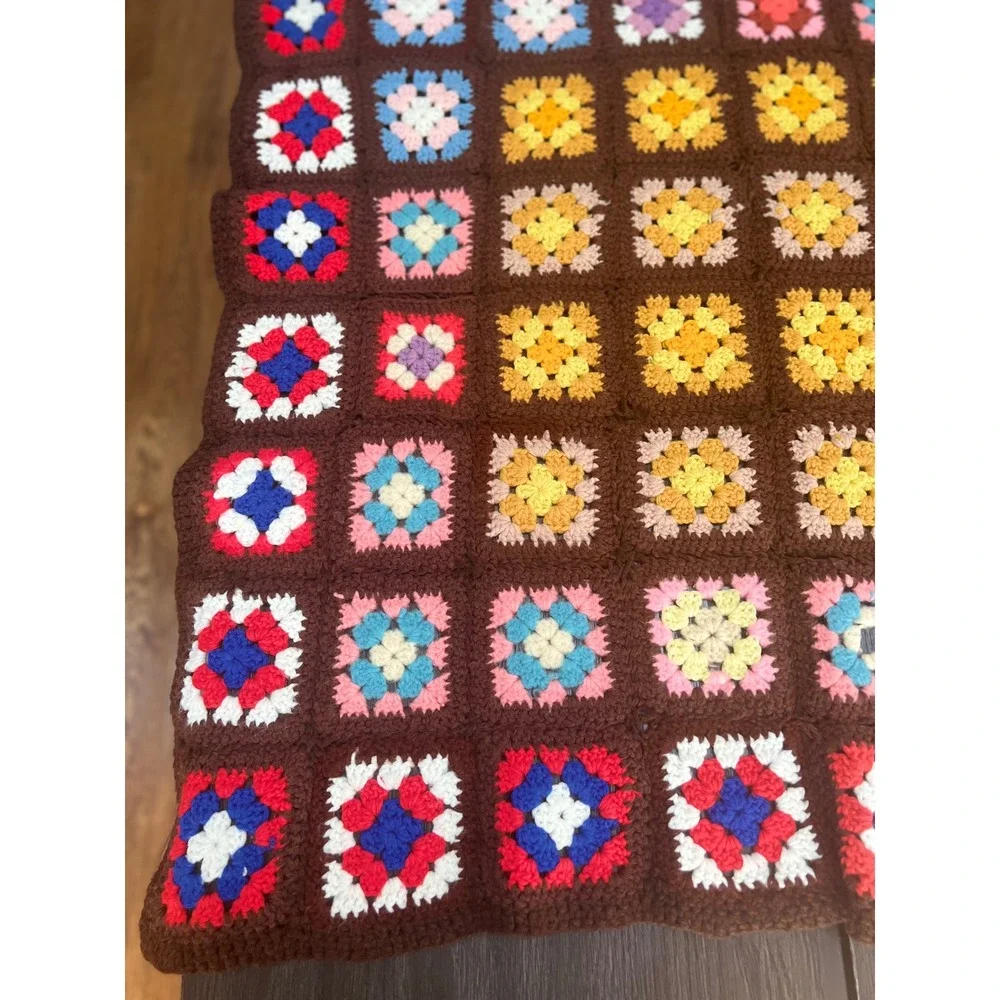 Handmade Granny Square Crochet Afghan Brown Multi Vintage Boho Throw Blanket